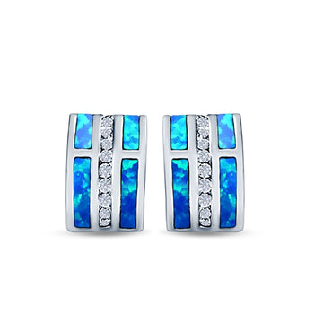 Fashion C Half Hoop Stud Earring Lab Created Blue Opal Simulated CZ 925 Sterling Silver (12mm)